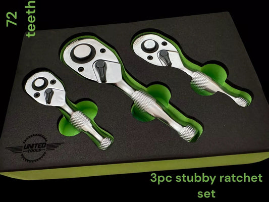 3PC Pro Stubby Ratchet Metal Handle Set 1/4" 1/2" 3/8" Dr 90 Teeth