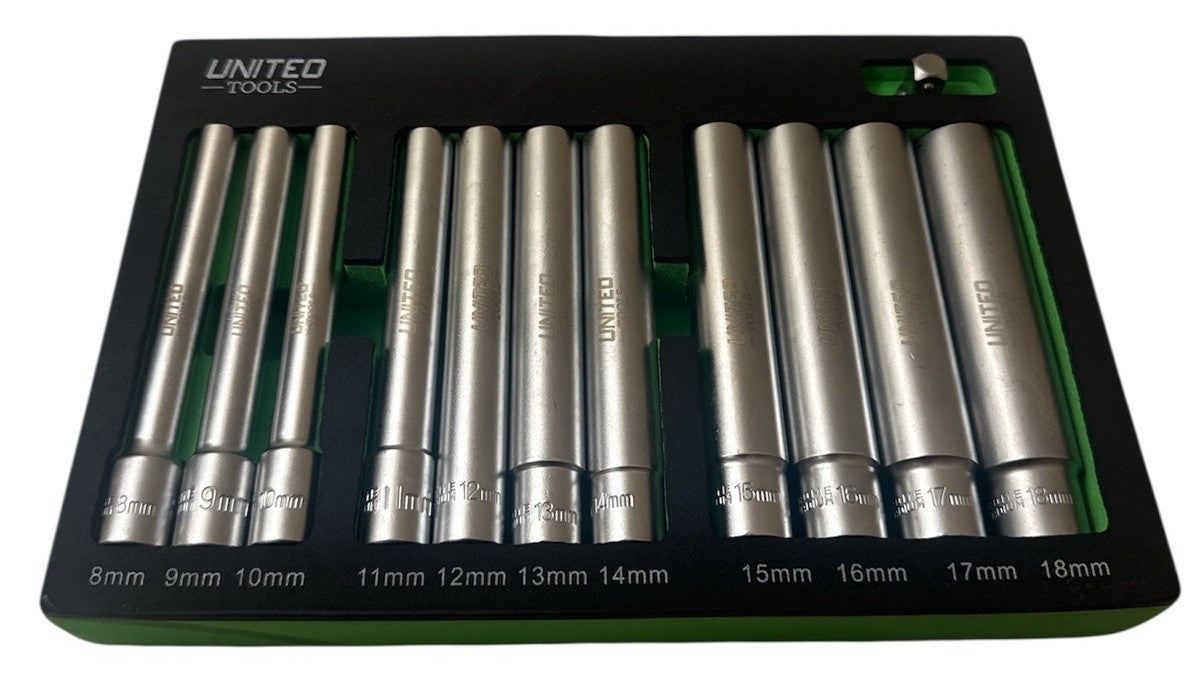 United Socket Set Super DEEP 3/8"Dr 6-Point 12-Piece 8-18mm 120mm Long In EVA