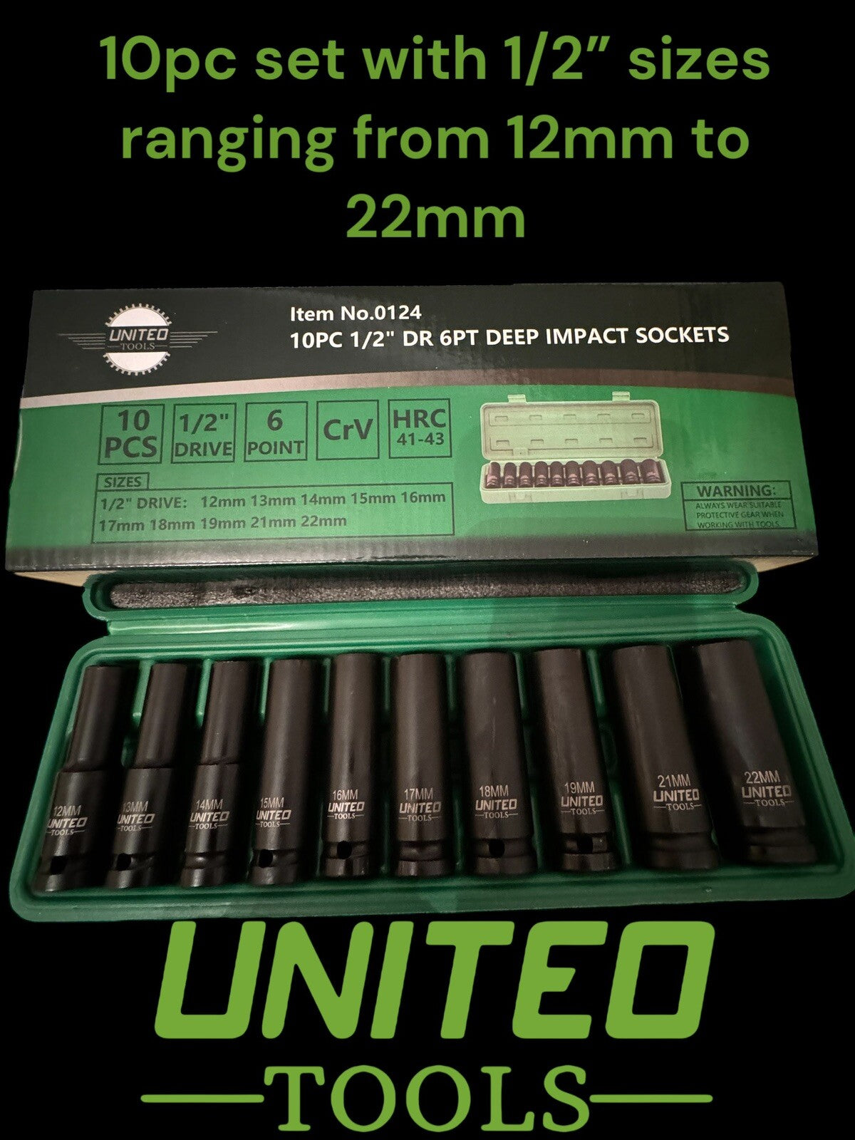 United Tools DEEP IMPACT SOCKET Set 1/2"Dr 10pc 12mm-22mm 6pt Hex Long Reach Soc
