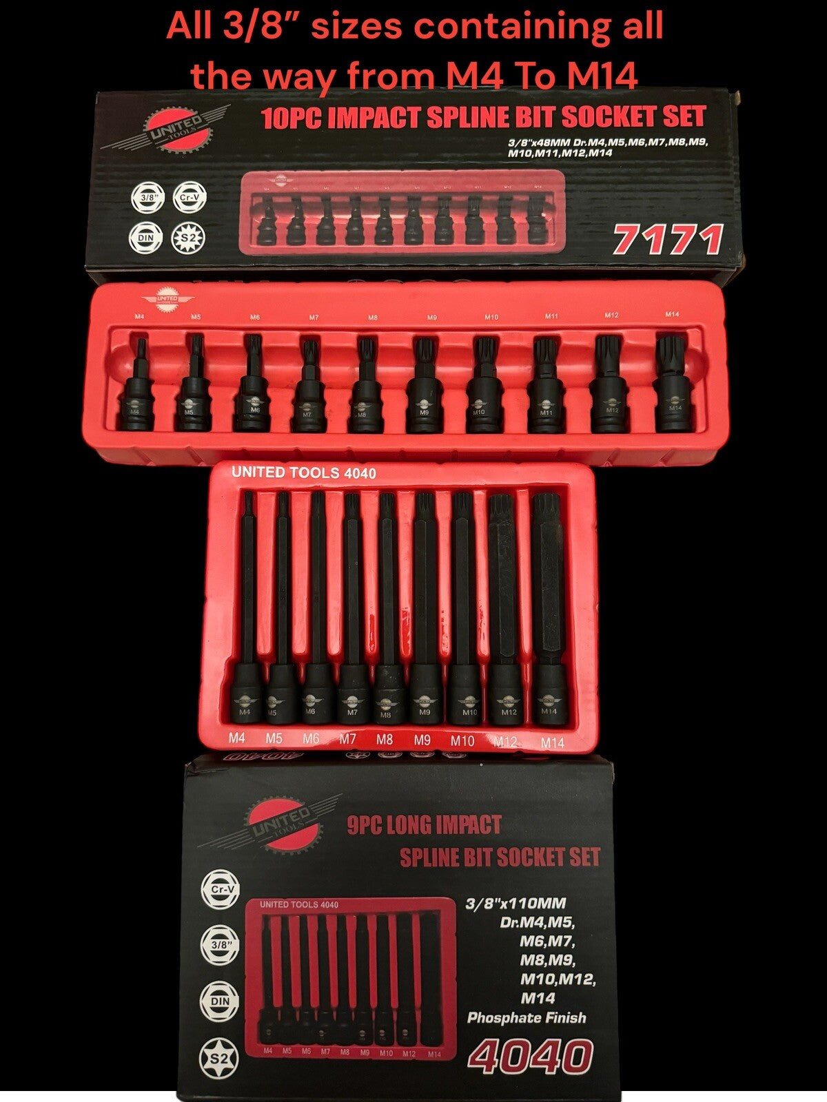 Industrial IMPACT SPLINE Bit Socket Set Short & Long Key 12 Point Socket M4-M1