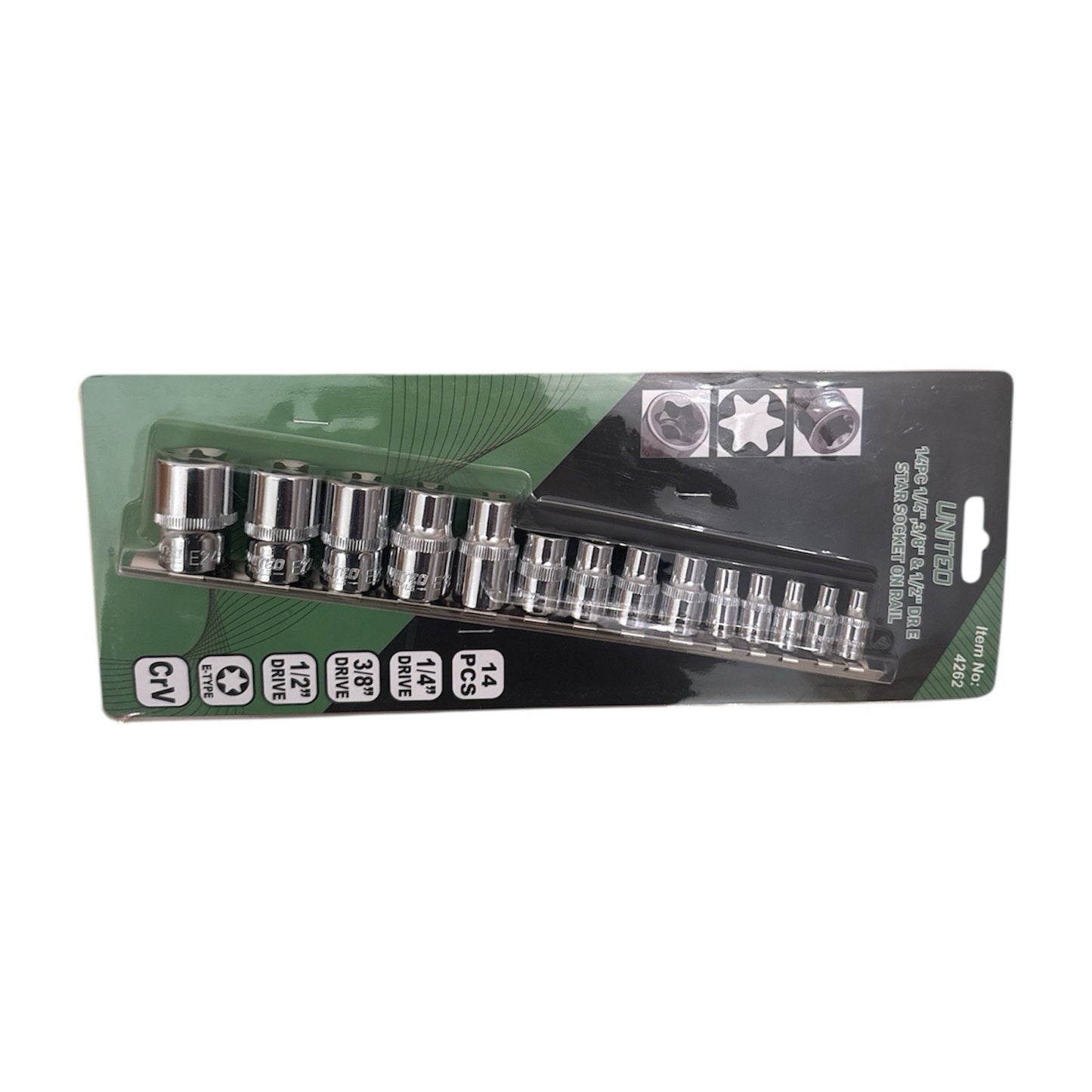 United Tools 14PC 1/4" 3/8'' 1/2'' Dr E-TORX Socket Set On Rail