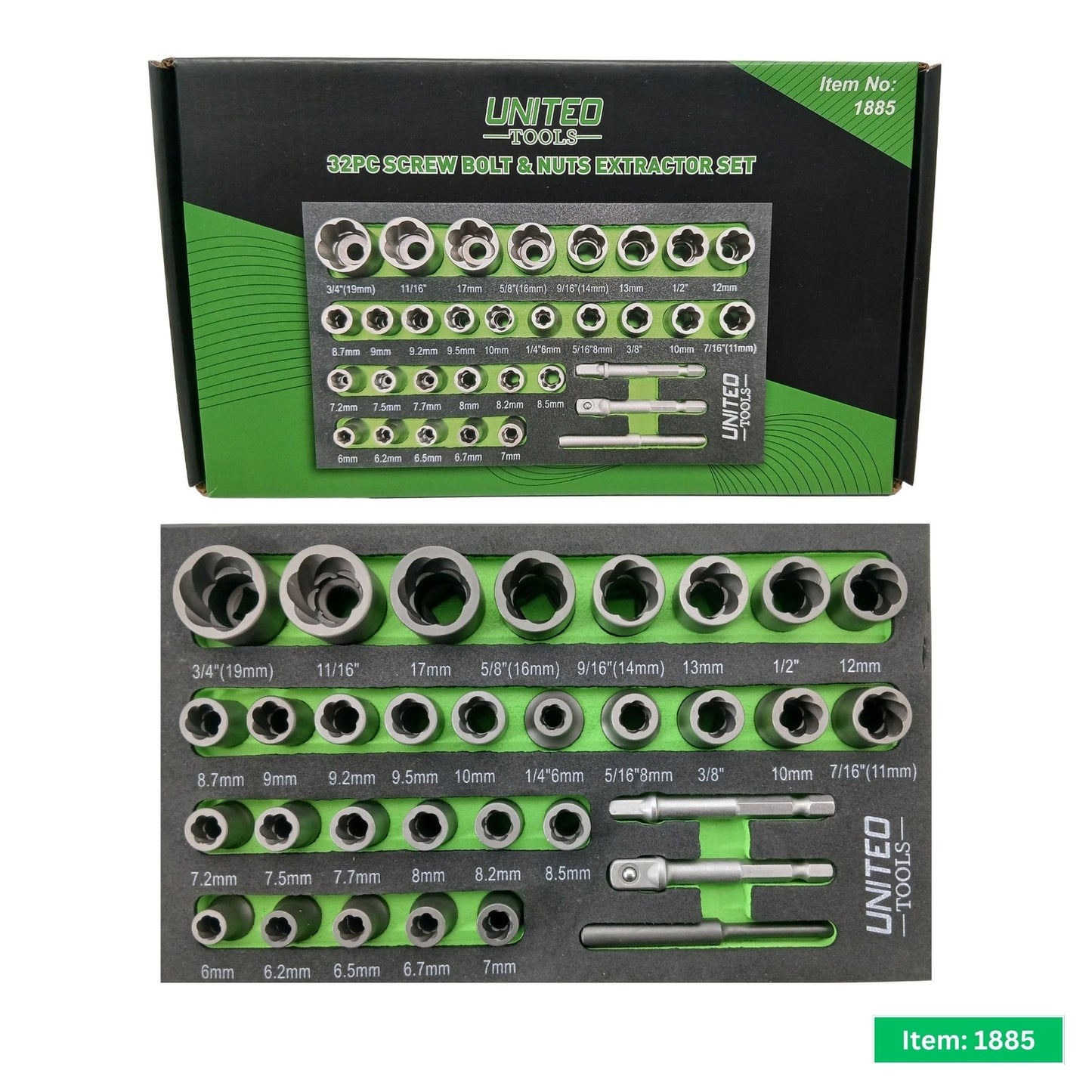 UNITED Tools 32pc Screw Bolt Nut Extractor Set 6-19mm EVA Foam Tray