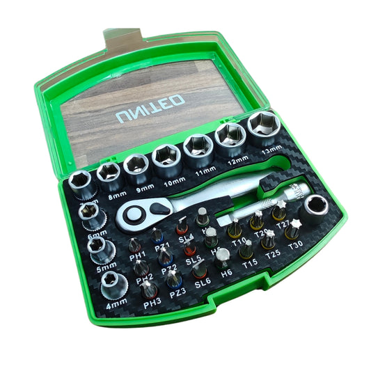 31pc 1/4" Drive Socket & Screwdriver Bit Set Ratchet CR-V Hard Case