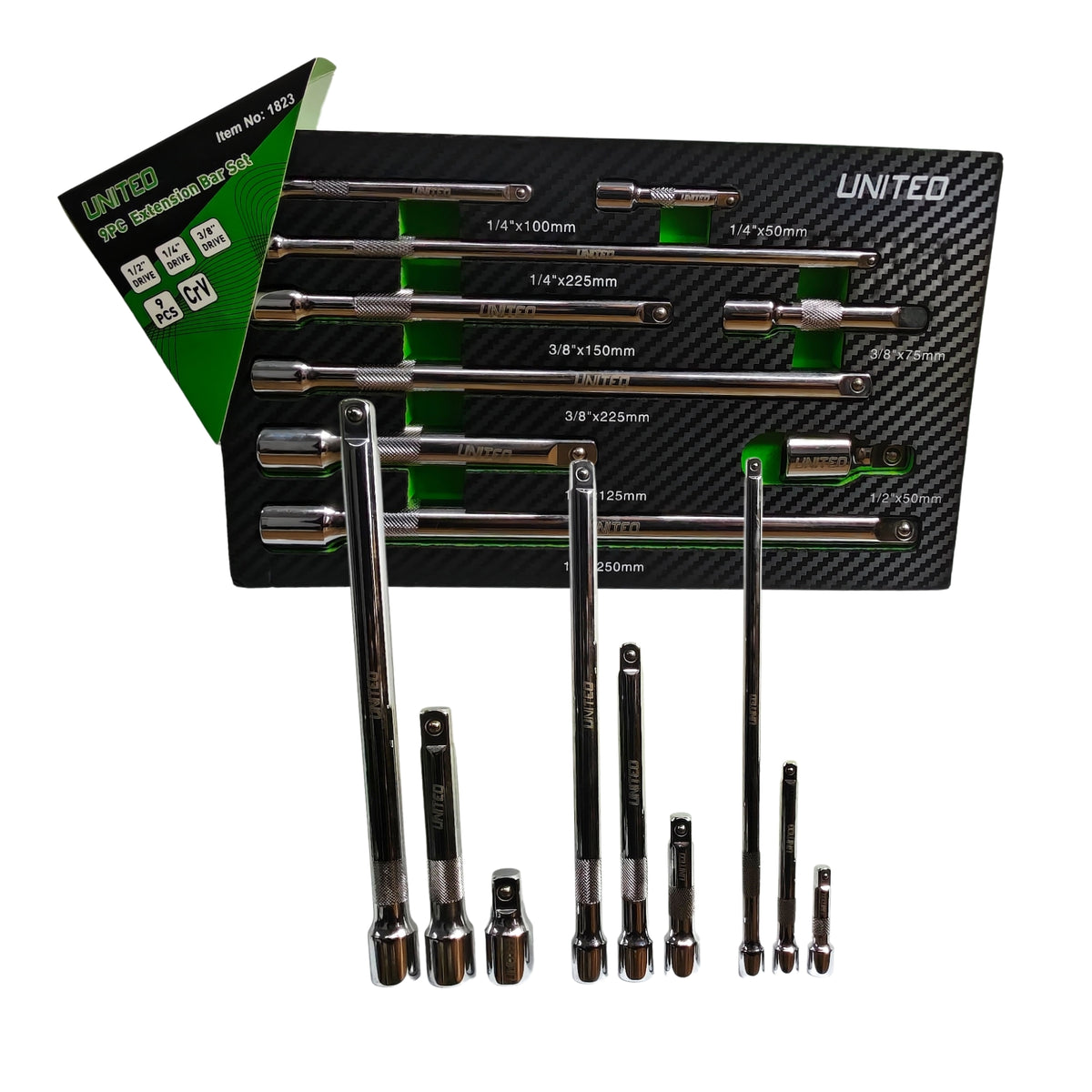 9pc Socket Extension Bar Set 1/4" 3/8" 1/2" Drive CR-V EVA Foam Tray