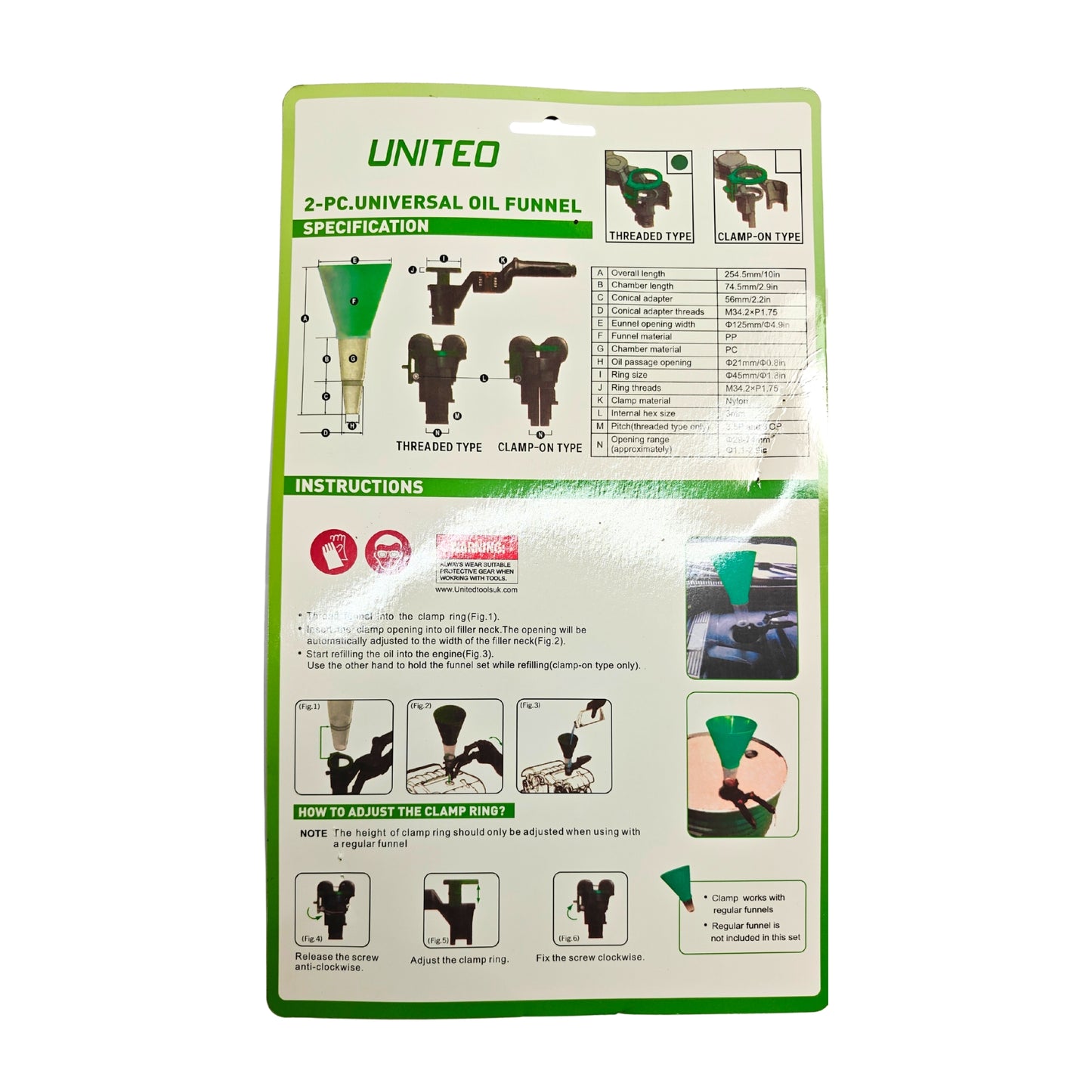 United Tools Universal Oil Funnel Set 2PC Flexible Spout Clamp Design