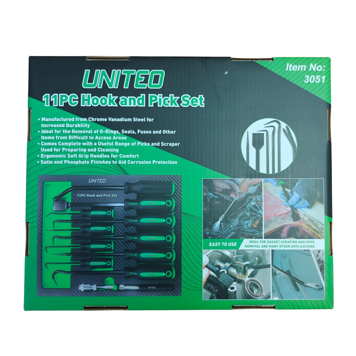 United Tools 11PC Hook Pick Scraper & LED Telescopic Magnet Set