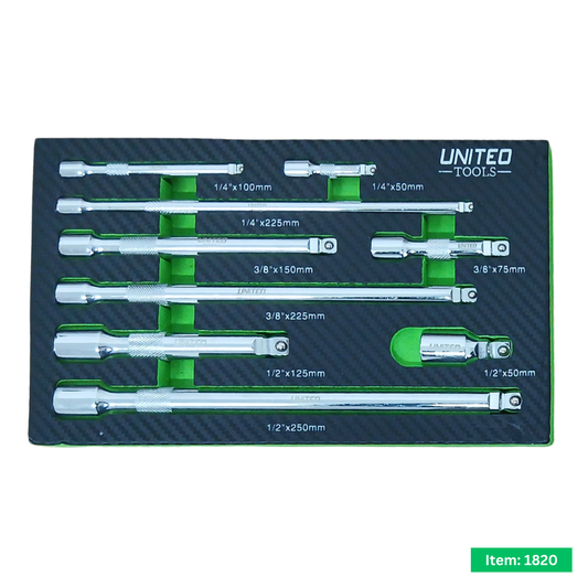 9PC Wobble Extension Bar Set 1/2", 1/4" & 3/8" 50-250mm in EVA FoamTray
