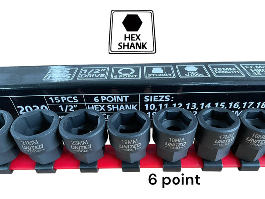 United Tools 1/2"Dr HEX Shank Stubby Short IMPACT Socket Set 15-Piece 10-24mm