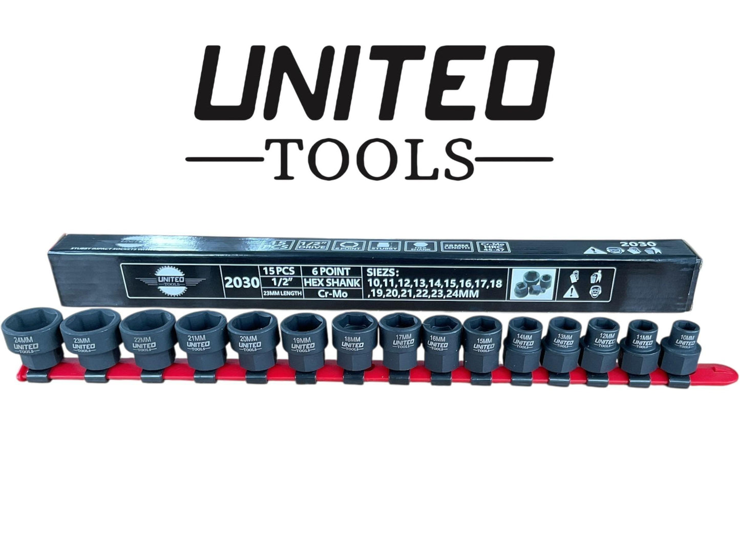 United Tools 1/2"Dr HEX Shank Stubby Short IMPACT Socket Set 15-Piece 10-24mm