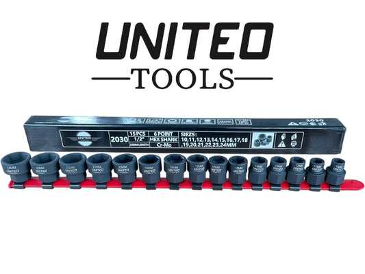 United Tools 1/2"Dr HEX Shank Stubby Short IMPACT Socket Set 15-Piece 10-24mm
