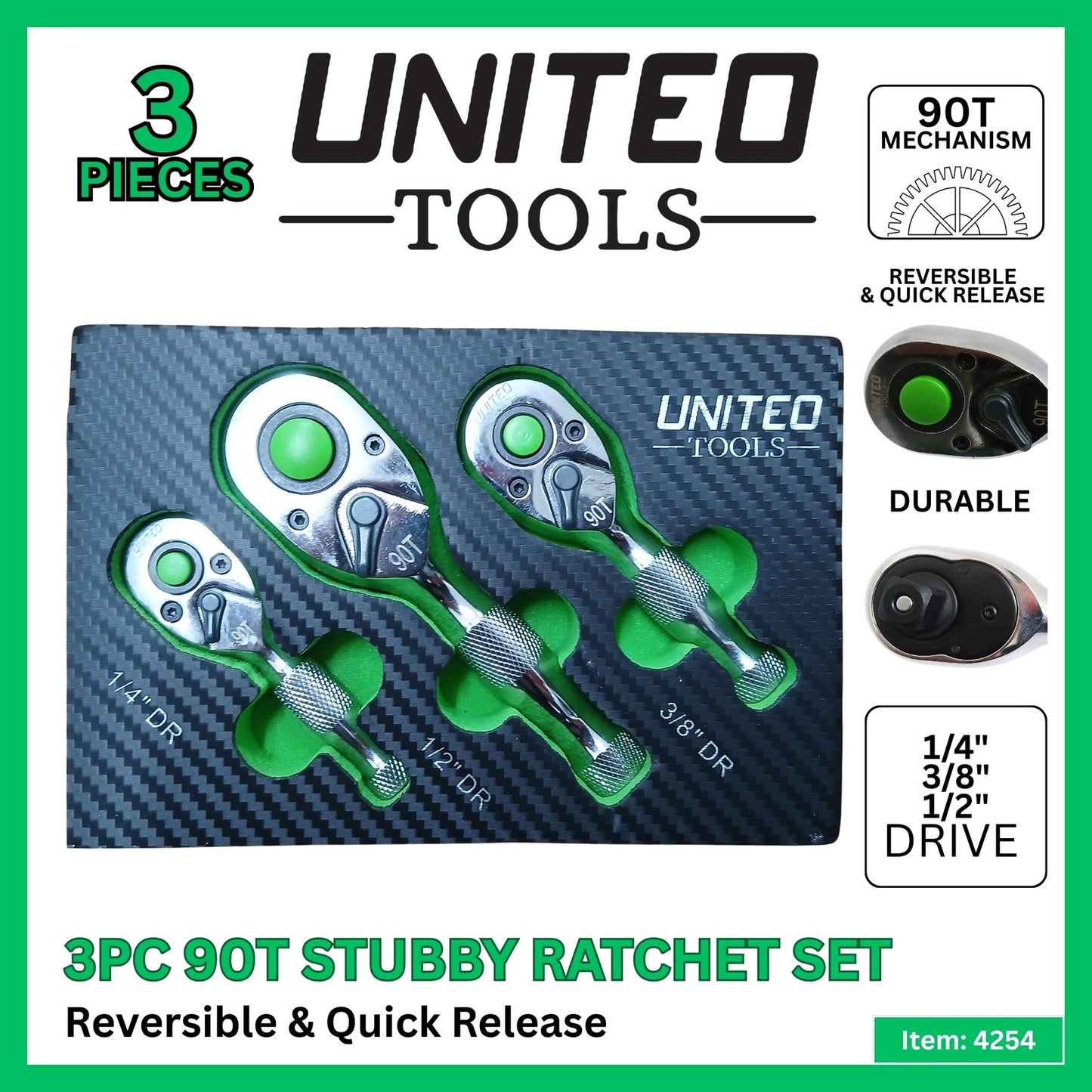3PC Pro Stubby Ratchet Metal Handle Set 1/4" 1/2" 3/8" Dr 90 Teeth