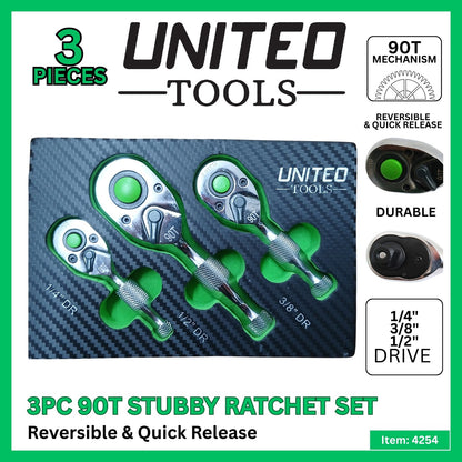 3PC Pro Stubby Ratchet Metal Handle Set 1/4" 1/2" 3/8" Dr 90 Teeth