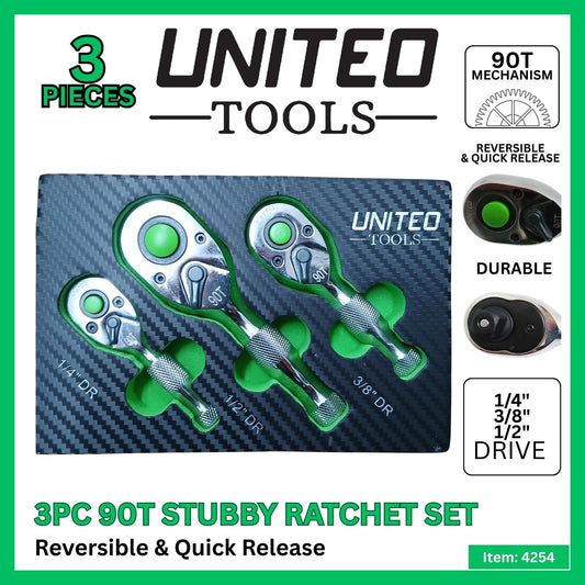3PC Pro Stubby Ratchet Metal Handle Set 1/4" 1/2" 3/8" Dr 90 Teeth