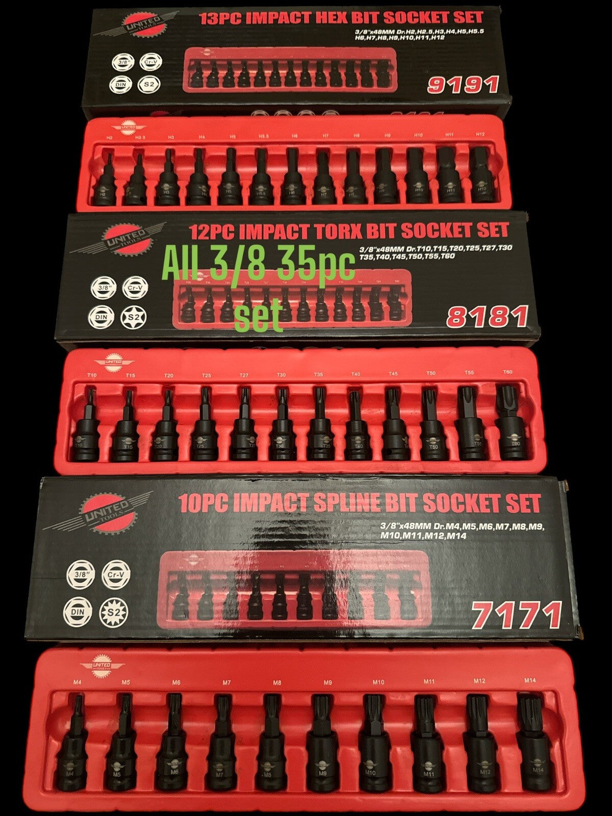 35PC IMPACT HEX TORX SPLINE Bit Sockets 3/8" Dr Short Reach Star Hx ALLEN