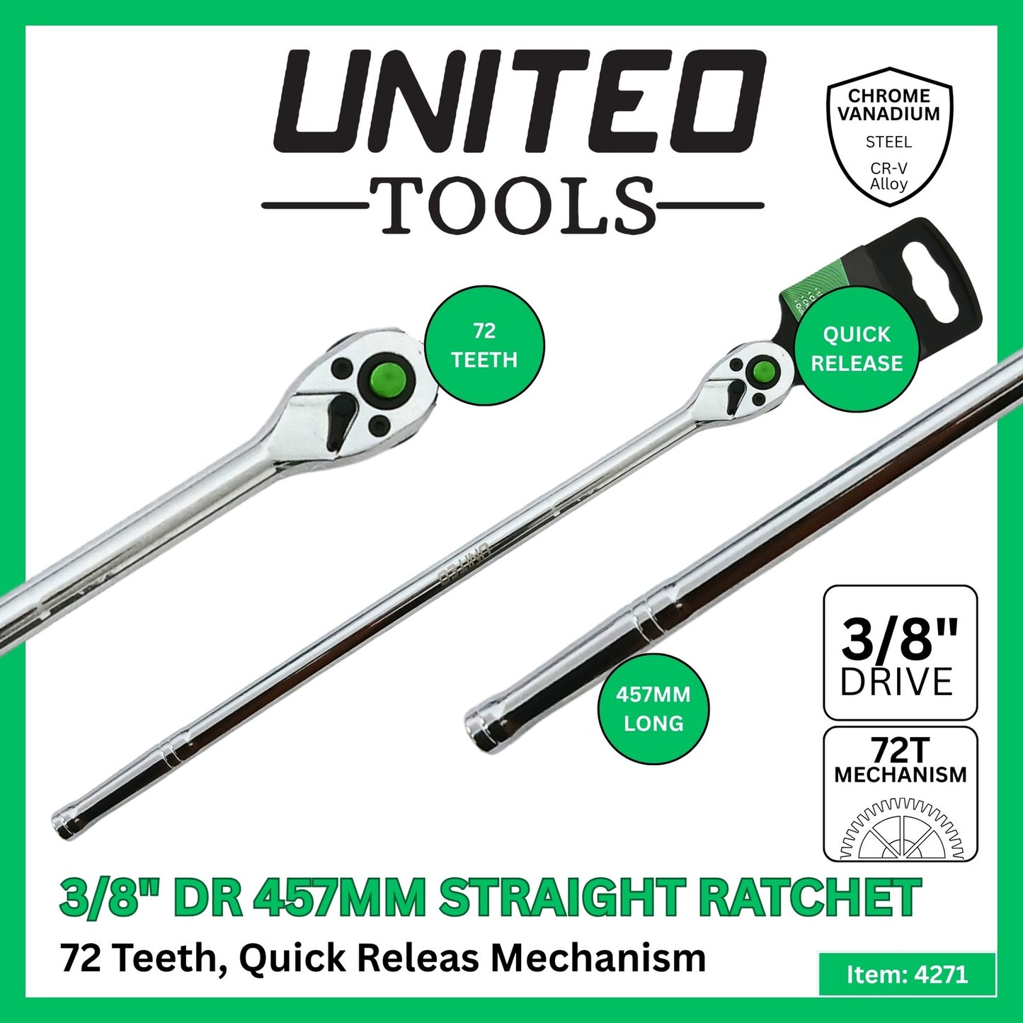 3/8" Drive 457mm Long Ratchet Handle Reversible Quick Release 72 Teeth