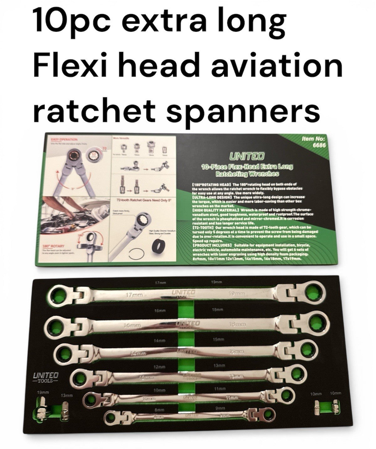 Metric Extra Long Double End Flexi Head Ratchet Spanner Set 8-19mm 10PC EVA