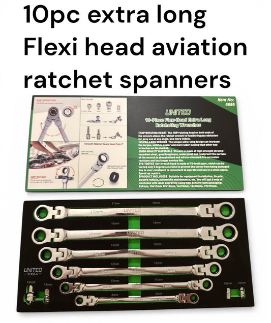 Metric Extra Long Double End Flexi Head Ratchet Spanner Set 8-19mm 10PC EVA