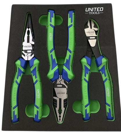 United 8" 200mm 3PC Plier Set, Side Cutter, Long Nose, Combination Pliers EVA