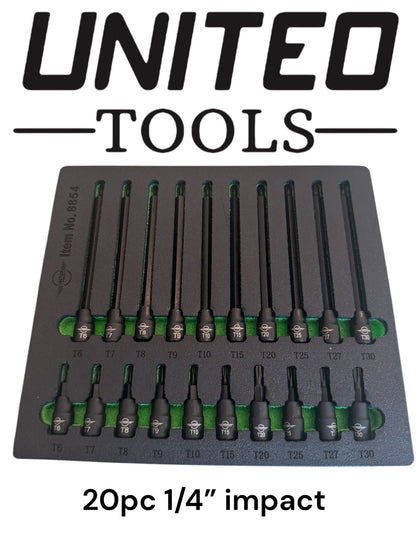 20PC Extra Long & Short IMPACT TORX Bit Sockets Set 1/4" Dr T6-T30 S2 Crv HEX