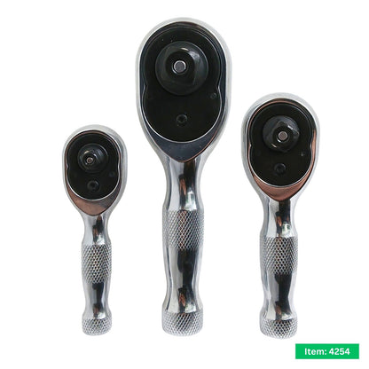3PC Pro Stubby Ratchet Metal Handle Set 1/4" 1/2" 3/8" Dr 90 Teeth