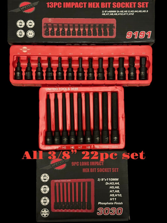22P Pro IMPACT HEX Bit Socket Set Short & Long HEX ALLEN Hx Key Sockets H3-H10