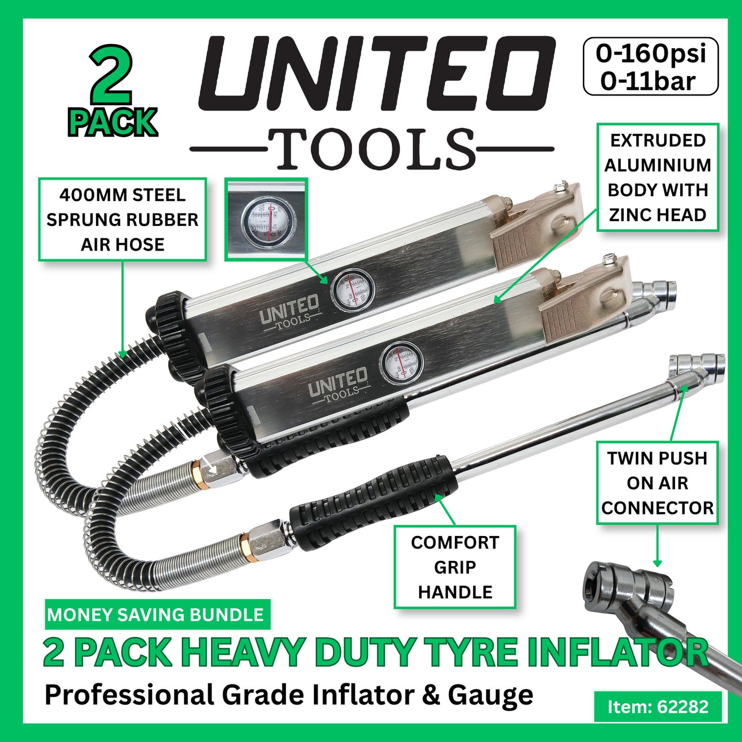 2 Pack Professional Tyre Inflator & Gauge 160psi 11bar Heavy Duty