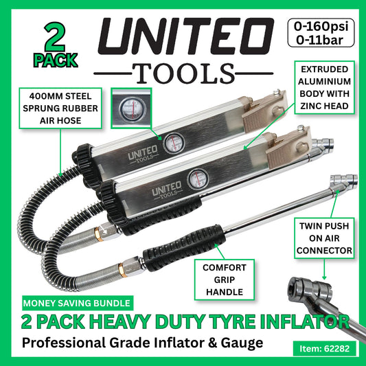 2 Pack Professional Tyre Inflator & Gauge 160psi 11bar Heavy Duty