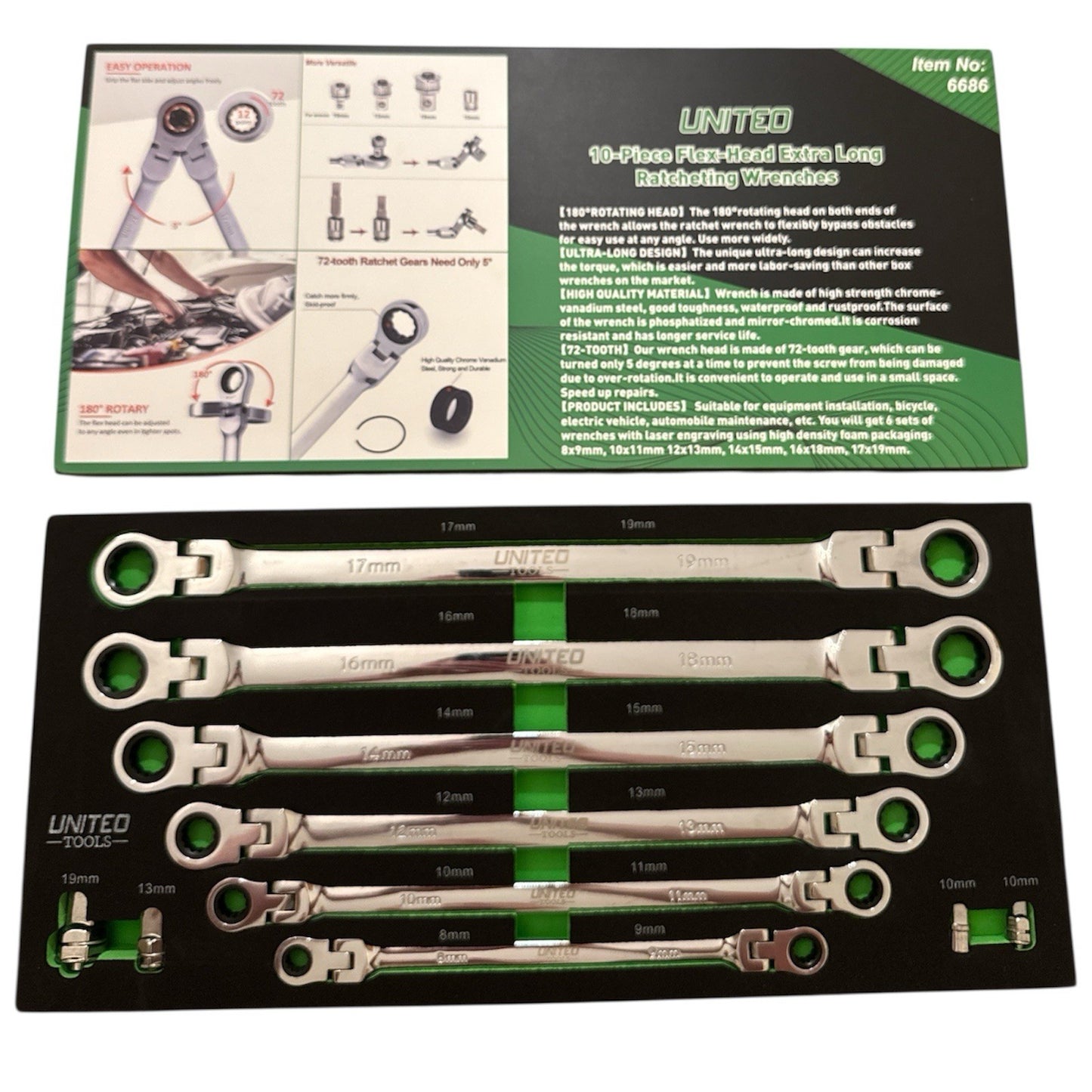 Metric Extra Long Double End Flexi Head Ratchet Spanner Set 8-19mm 10PC EVA