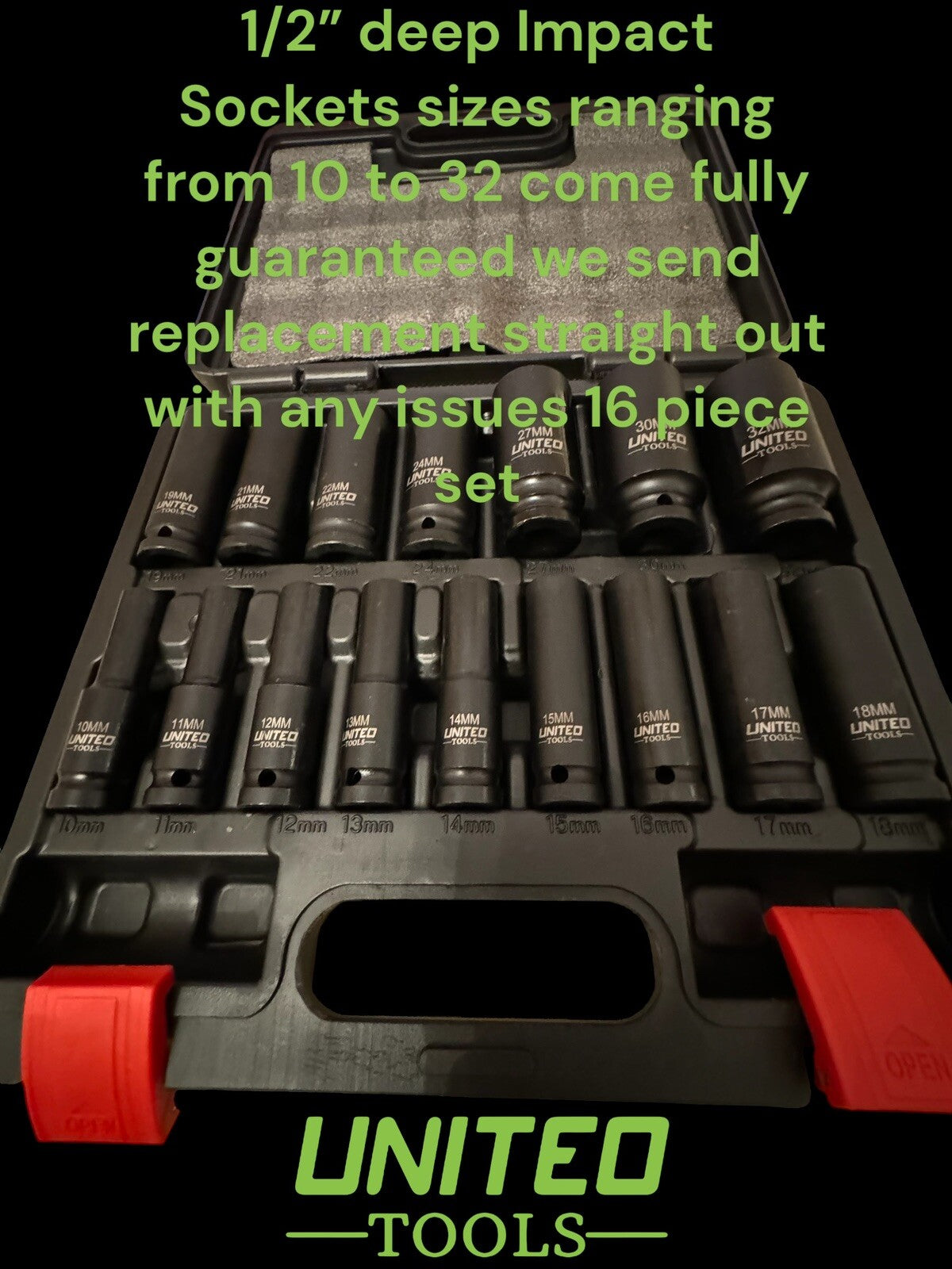Industrial DEEP IMPACT Socket Set 1/2"Dr 16PC 10-32mm 6pt HEX Long Reach Socket
