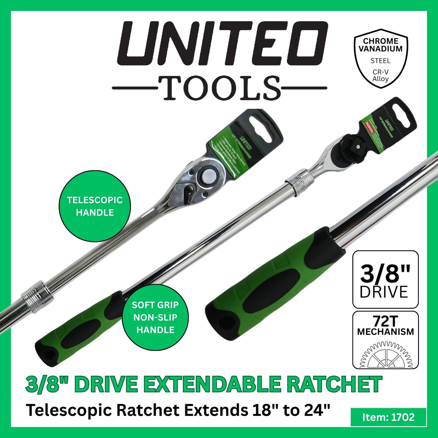 3/8" Drive Extendable 18 to 24" Long Ratchet Handle Quick Release 72 Teeth