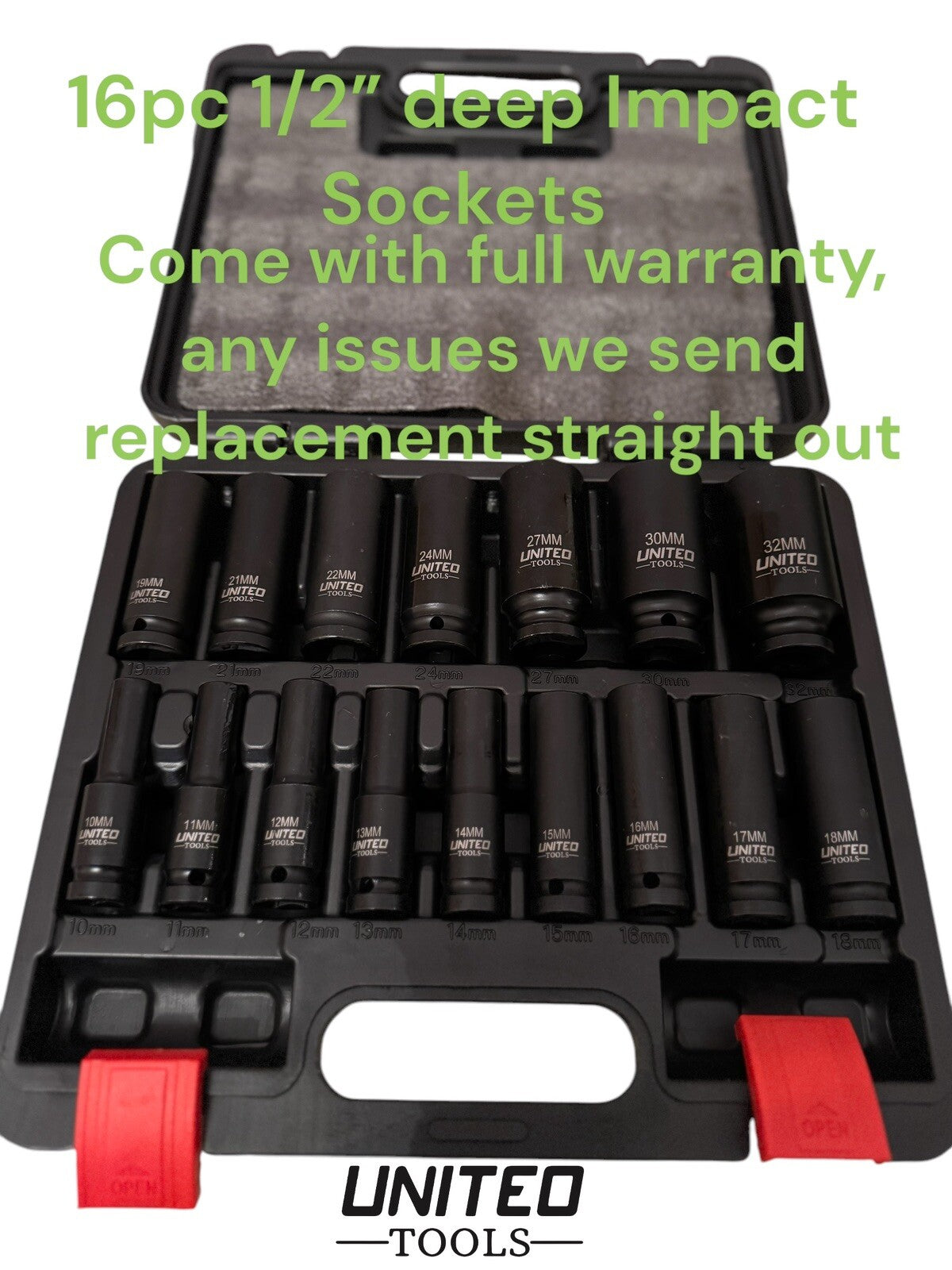 Industrial DEEP IMPACT Socket Set 1/2"Dr 16PC 10-32mm 6pt HEX Long Reach Socket