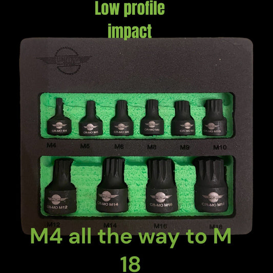 Low Profile Short Stubby IMPACT SPLINE Socket Bit Set M4-M18 In Foam Holder