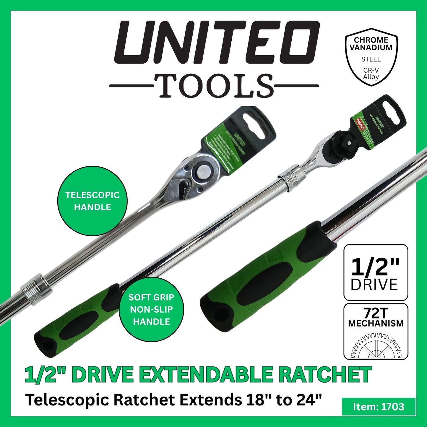 1/2" Drive Extendable 18 to 24" Long Ratchet Handle Quick Release 72 Teeth