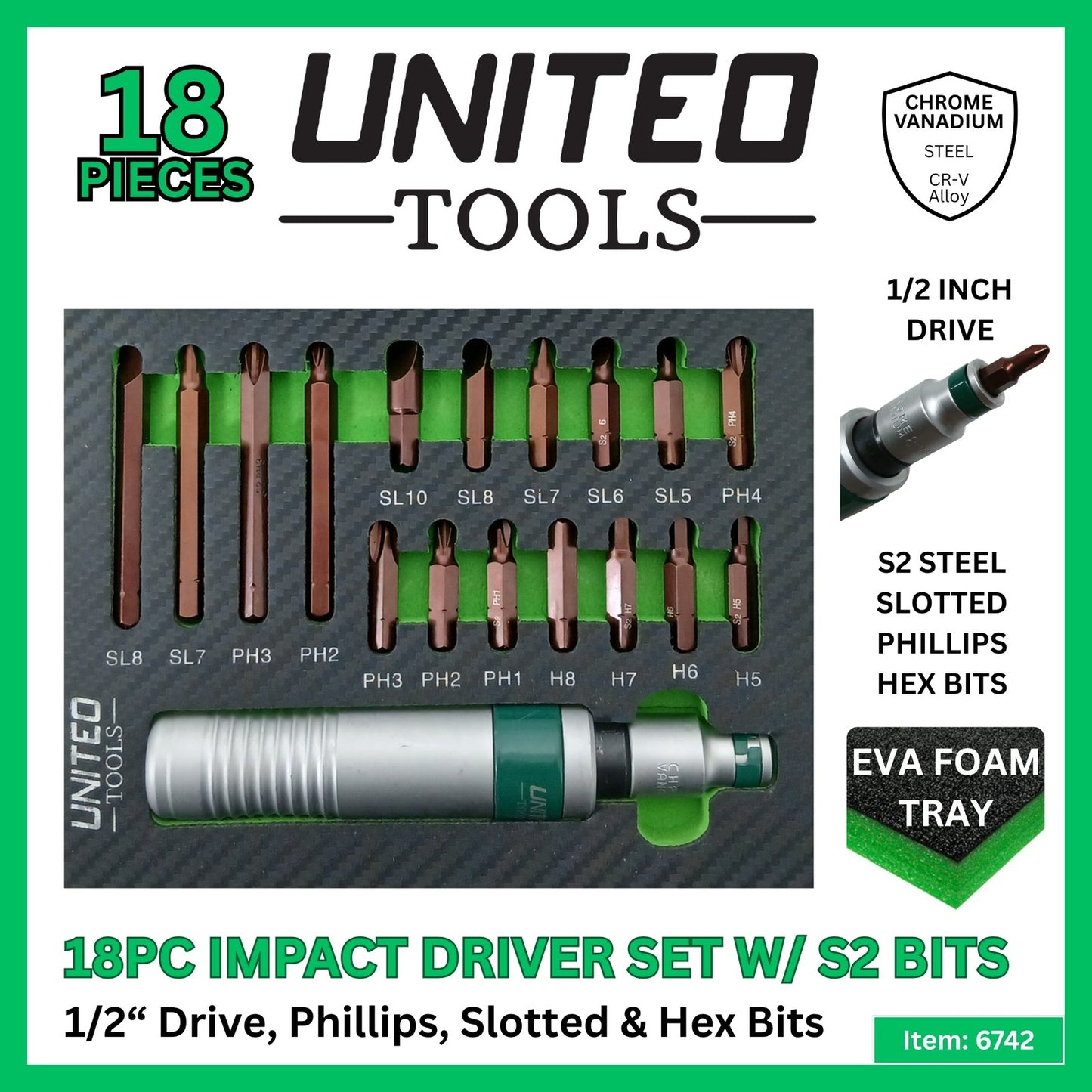 18pc UNITED Tools 1/2 Inch Drive Impact Driver Set with Hardened Steel S2 Bits