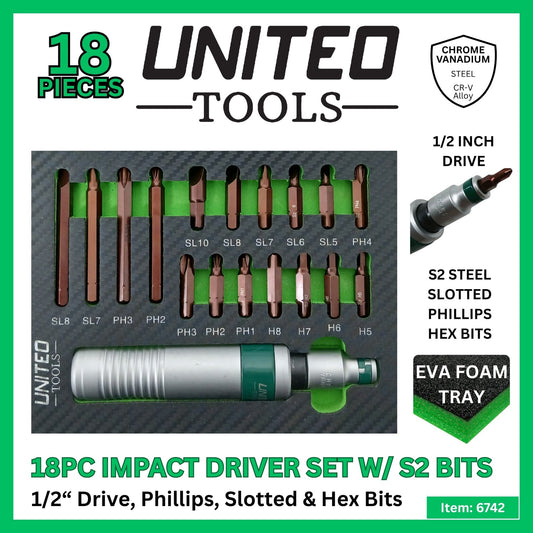18pc UNITED Tools 1/2 Inch Drive Impact Driver Set with Hardened Steel S2 Bits