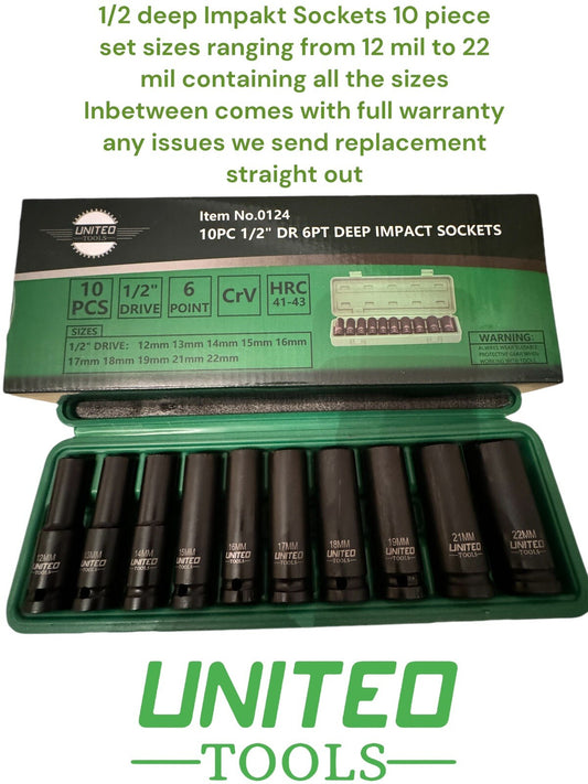 United Tools DEEP IMPACT SOCKET Set 1/2"Dr 10pc 12mm-22mm 6pt Hex Long Reach Soc
