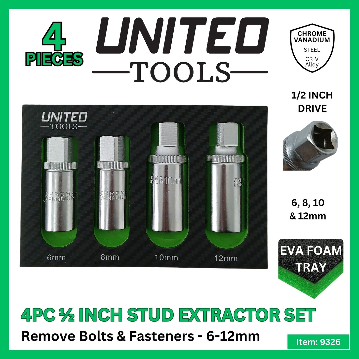 United Tools 4pc 1/2in Drive Stud Extractor Set 6-12mm CR-V Steel Tool Kit
