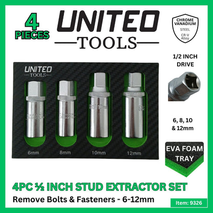 United Tools 4pc 1/2in Drive Stud Extractor Set 6-12mm CR-V Steel Tool Kit