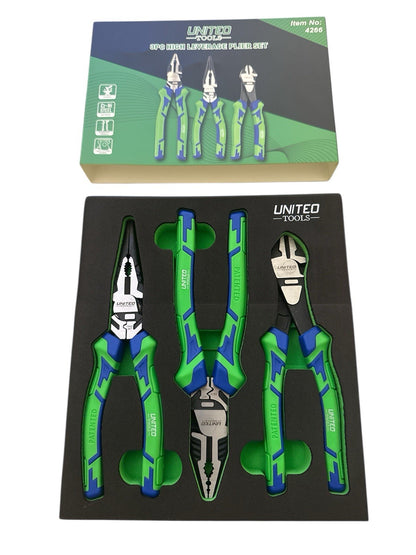 United 8" 200mm 3PC Plier Set, Side Cutter, Long Nose, Combination Pliers EVA