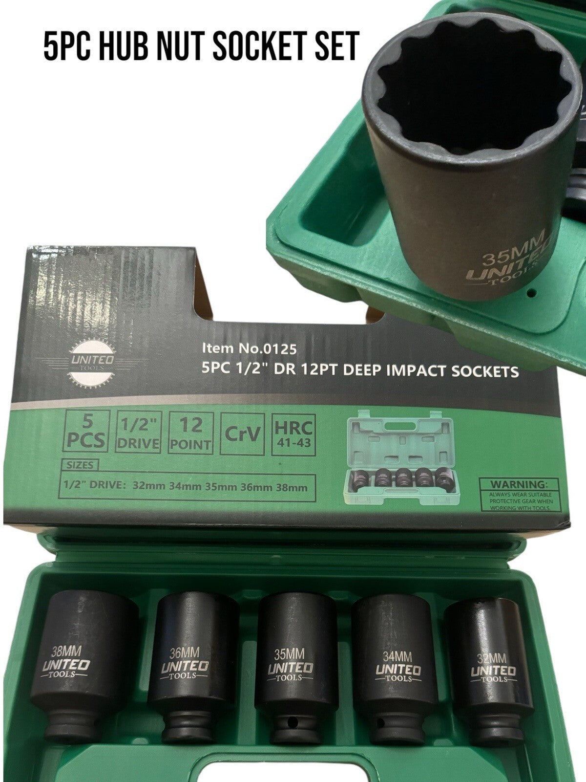 United 12 Point Axle Hub Nut Socket Set 1/2" Drive Thin Wall Deep Impact Sockets