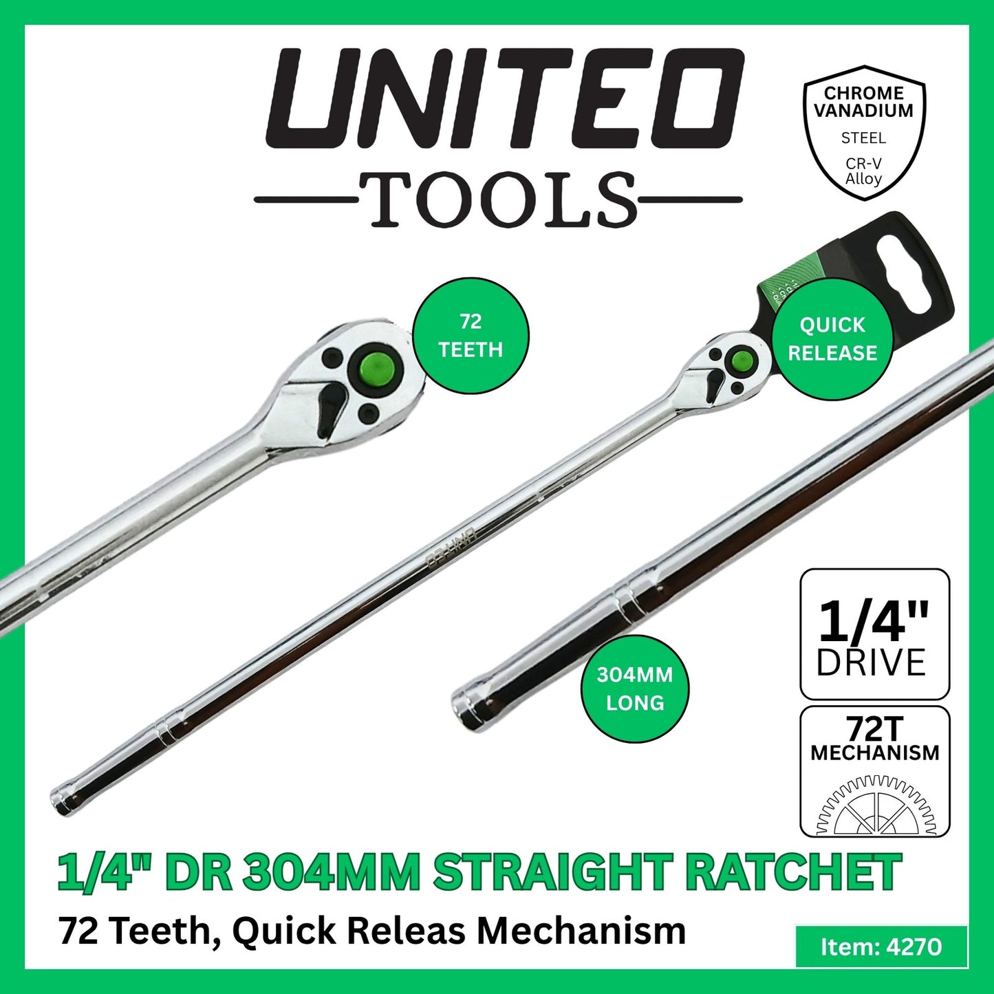 1/4" Drive 304mm Long Ratchet Handle Reversible Quick Release 72 Teeth