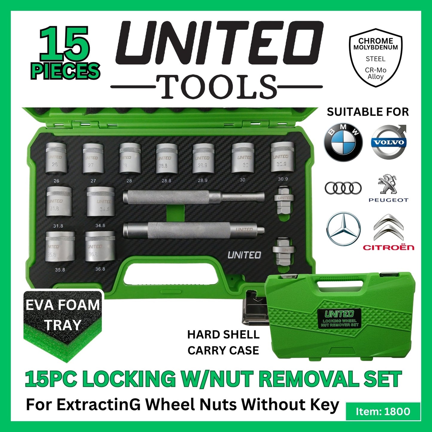 United Tools 15pc Locking Wheel Nut Removal Set - Chrome Molybdenum Tool Kit