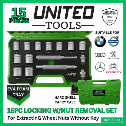 United Tools 15pc Locking Wheel Nut Removal Set - Chrome Molybdenum Tool Kit