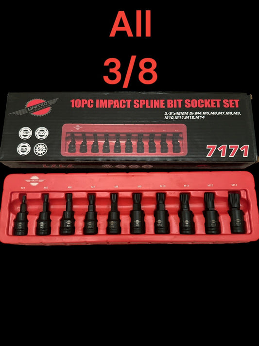 10PC IMPACT SPLINE Bit Sockets Set 3/8" Dr IMPACT M4-M14 SPLINE Key S2