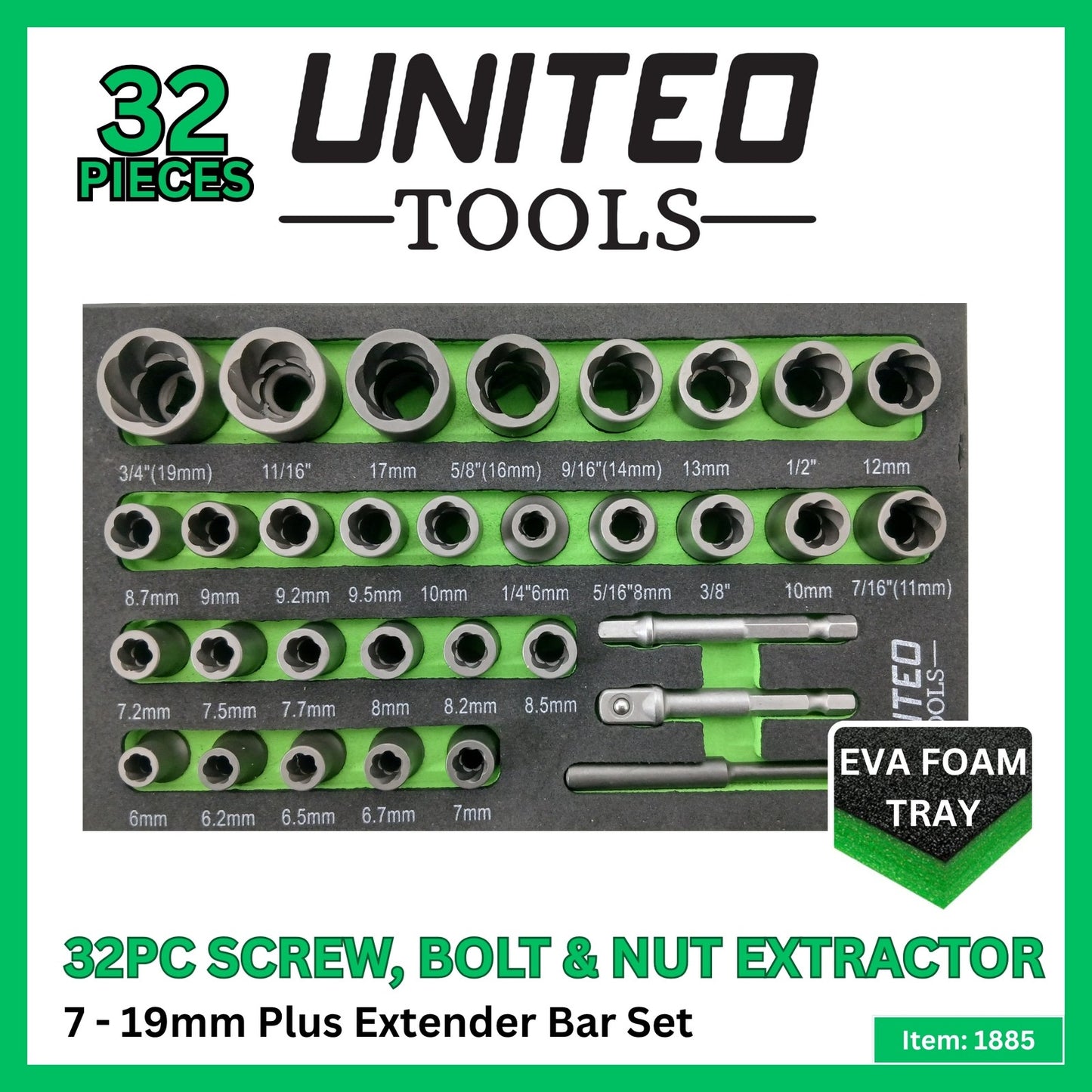 UNITED Tools 32pc Screw Bolt Nut Extractor Set 6-19mm EVA Foam Tray