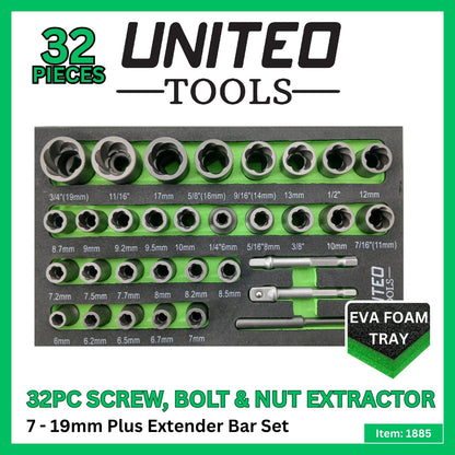 UNITED Tools 32pc Screw Bolt Nut Extractor Set 6-19mm EVA Foam Tray