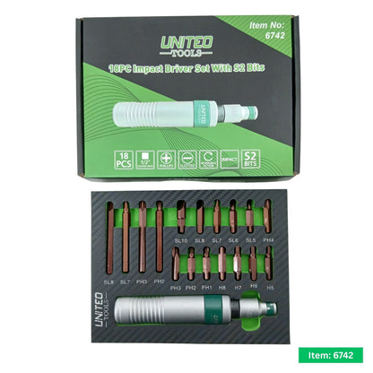 18pc UNITED Tools 1/2 Inch Drive Impact Driver Set with Hardened Steel S2 Bits