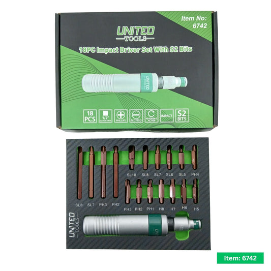 18pc UNITED Tools 1/2 Inch Drive Impact Driver Set with Hardened Steel S2 Bits