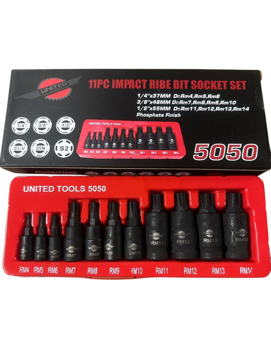 United Tools Male IMPACT Ribe Bit Socket Set 1/4” 3/8” 1/2" Dr TORX SPLINES HEX
