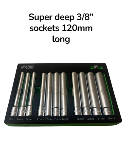 United Socket Set Super DEEP 3/8"Dr 6-Point 12-Piece 8-18mm 120mm Long In EVA